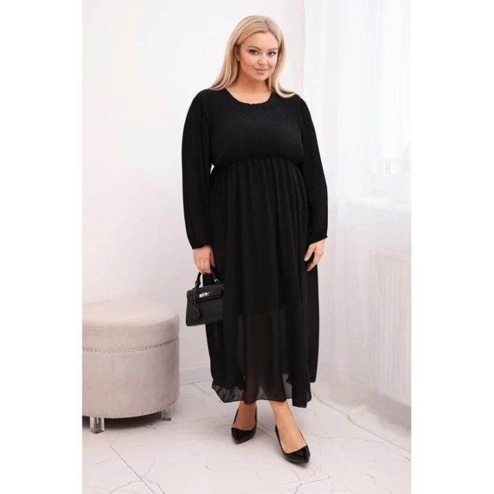 Moteriška Plus Size plisuota suknelė su ilgomis rankovėmis, juodos spalvos