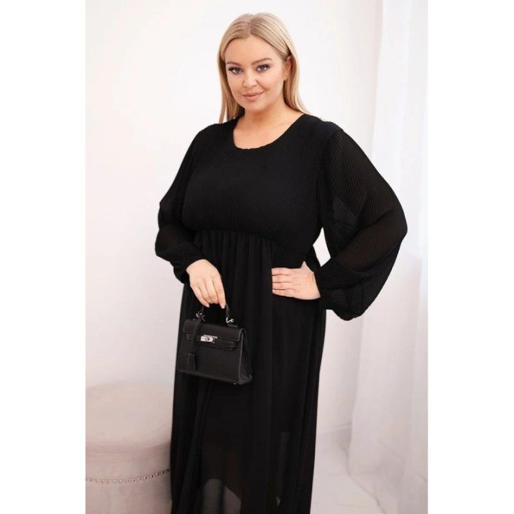 Moteriška Plus Size plisuota suknelė su ilgomis rankovėmis, juodos spalvos