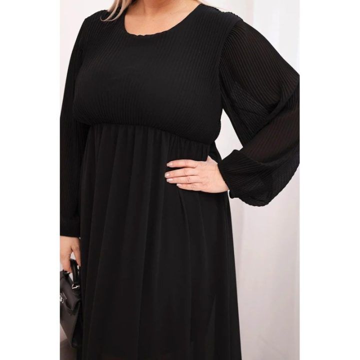 Moteriška Plus Size plisuota suknelė su ilgomis rankovėmis, juodos spalvos