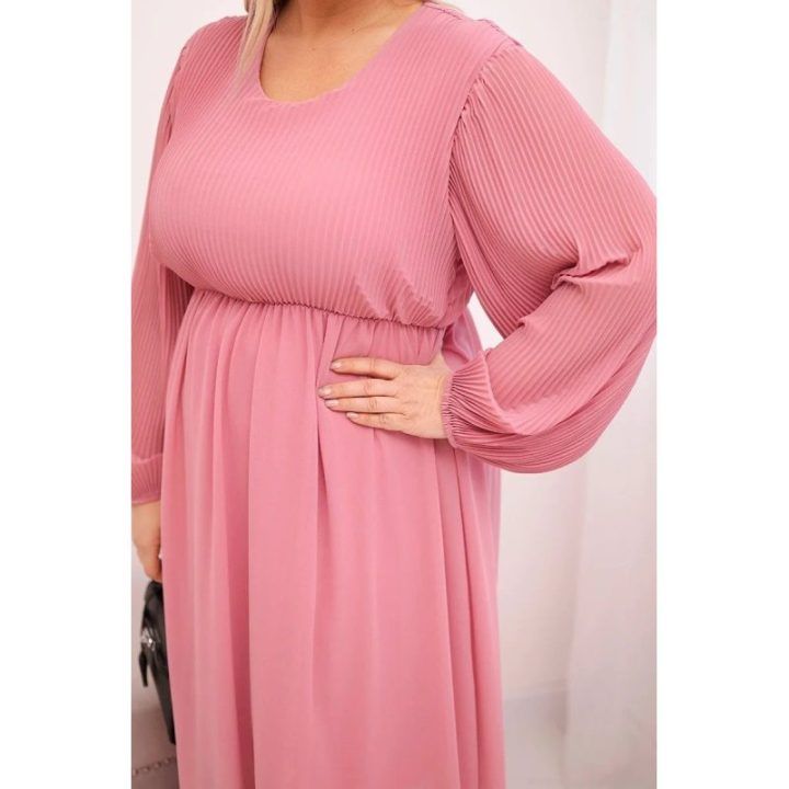 Moteriška Plus Size raukinių suknelė su ilgomis rankovėmis, rožinės spalvos
