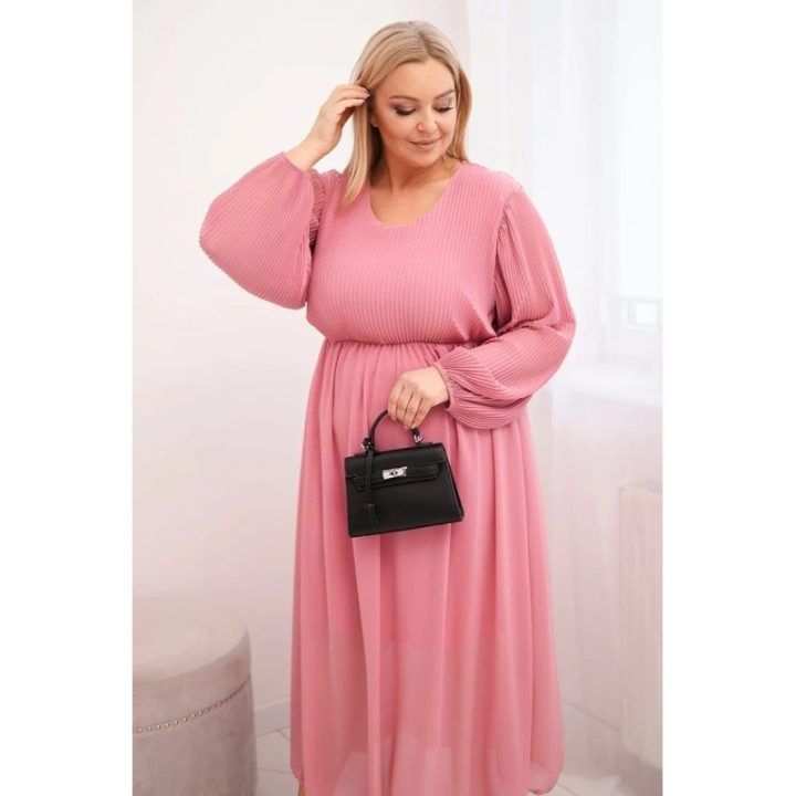 Moteriška Plus Size raukinių suknelė su ilgomis rankovėmis, rožinės spalvos