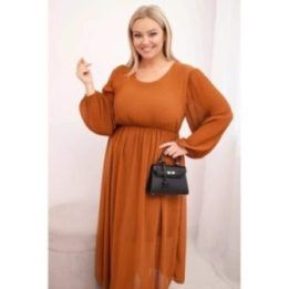 Moteriška Plus Size plisuota suknelė su ilgomis rankovėmis, kapučino spalvos