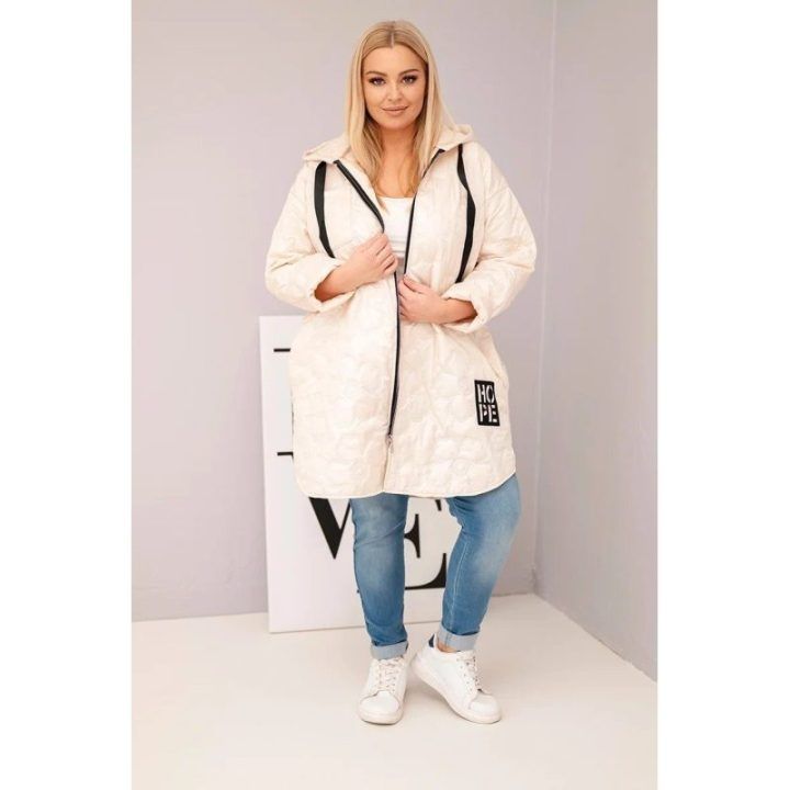 Moteriška Plus Size dygsniuota striukė su gobtuvu HOPE, šviesiai smėlio spalvos