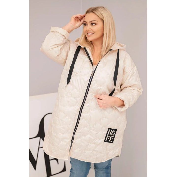 Moteriška Plus Size dygsniuota striukė su gobtuvu HOPE, šviesiai smėlio spalvos