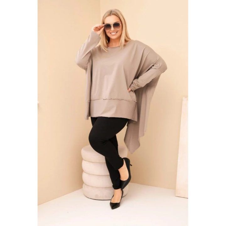 Moteriška Plus Size medvilninė tunika su asimetriniu apačios kraštu, kapučino spalvos
