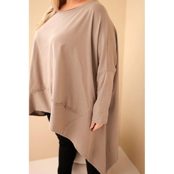Moteriška Plus Size medvilninė tunika su asimetriniu apačios kraštu, kapučino spalvos
