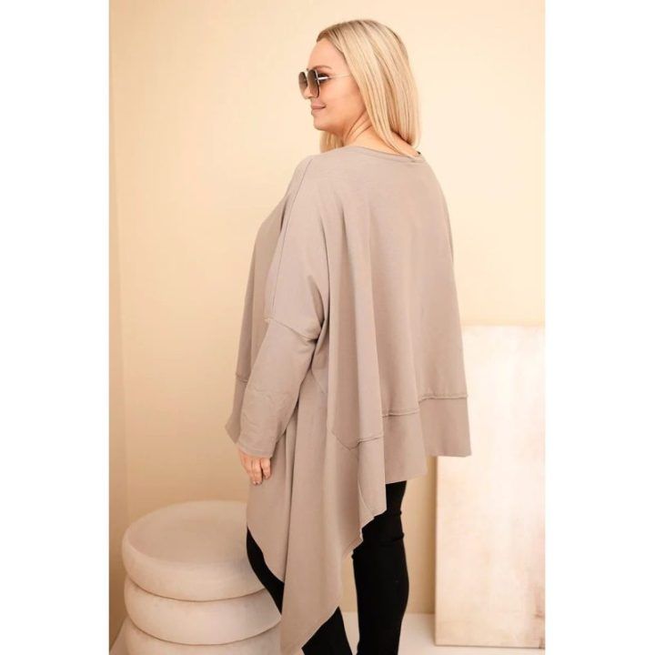 Moteriška Plus Size medvilninė tunika su asimetriniu apačios kraštu, kapučino spalvos