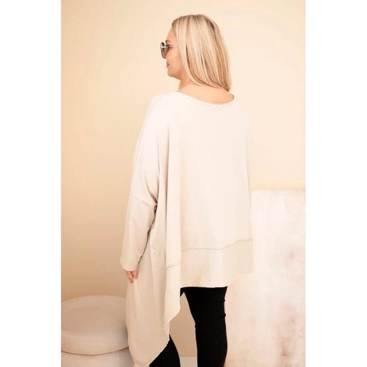 Moteriška Plus Size smėlio spalvos tunika su asimetriniu apačios kraštu