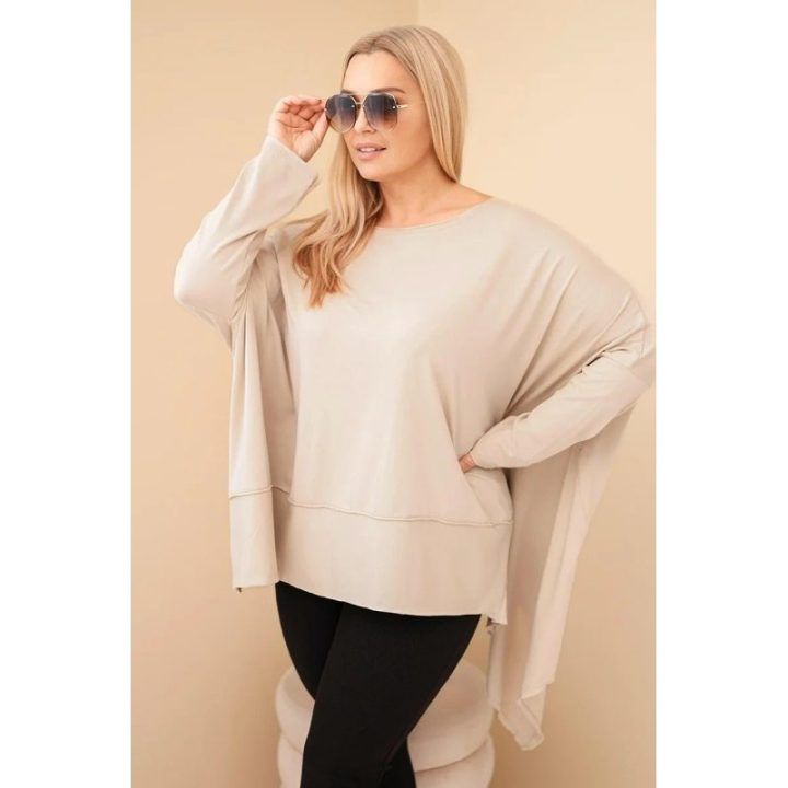 Moteriška Plus Size smėlio spalvos tunika su asimetriniu apačios kraštu