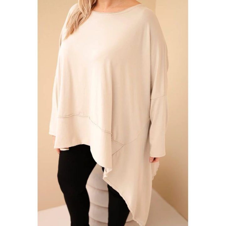 Moteriška Plus Size smėlio spalvos tunika su asimetriniu apačios kraštu