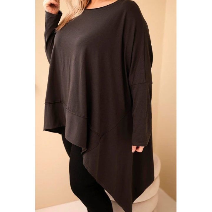 Moteriška Plus Size palaidinė su asimetriniu apačios kirpimu, ruda