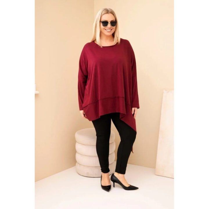 Moteriška Plus Size tunika su asimetrine apačia, burgundiška