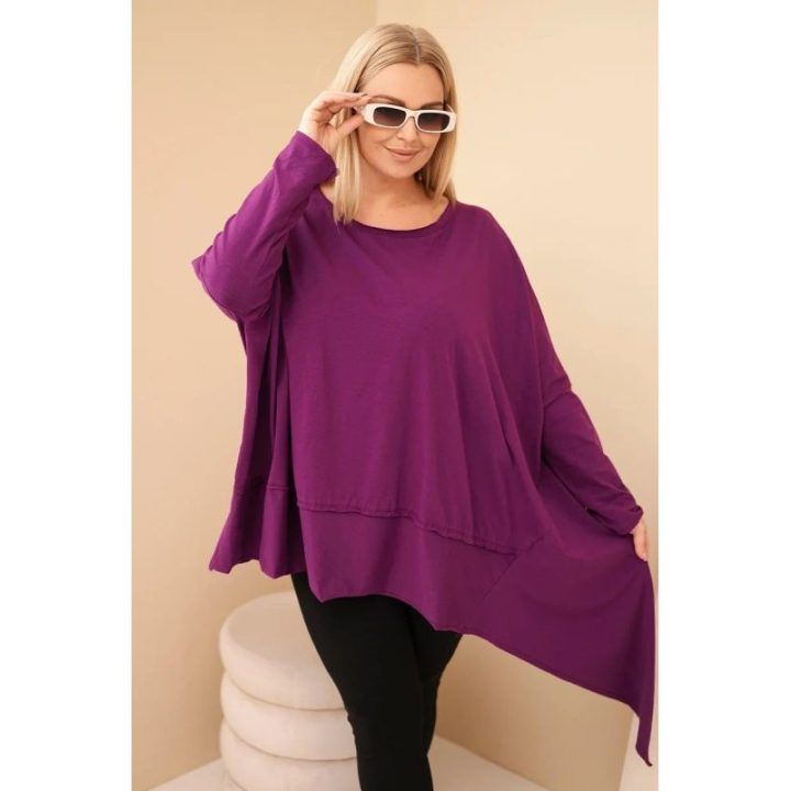 Moteriška Plus Size medvilninė tunika su asimetrine apačia, tamsiai violetinės spalvos