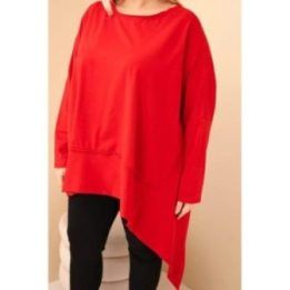 Moteriška Plus Size raudona tunika su asimetriniu apačios kraštu