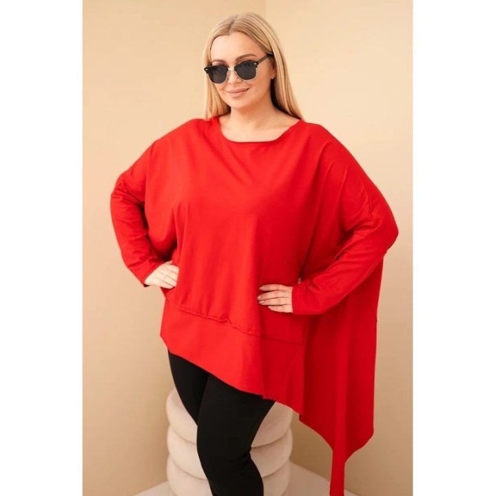 Moteriška Plus Size raudona tunika su asimetriniu apačios kraštu