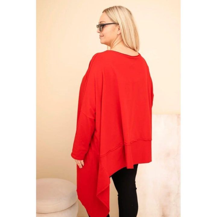 Moteriška Plus Size raudona tunika su asimetriniu apačios kraštu
