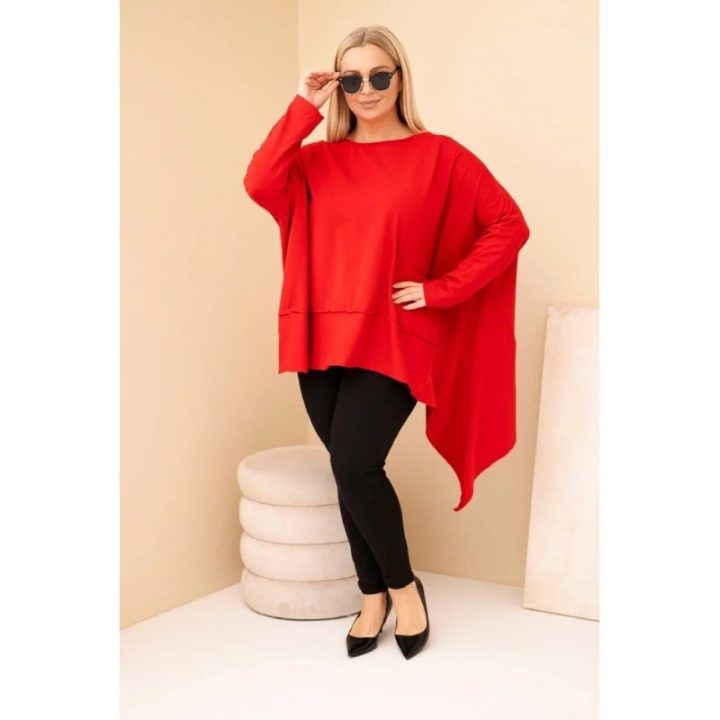 Moteriška Plus Size raudona tunika su asimetriniu apačios kraštu