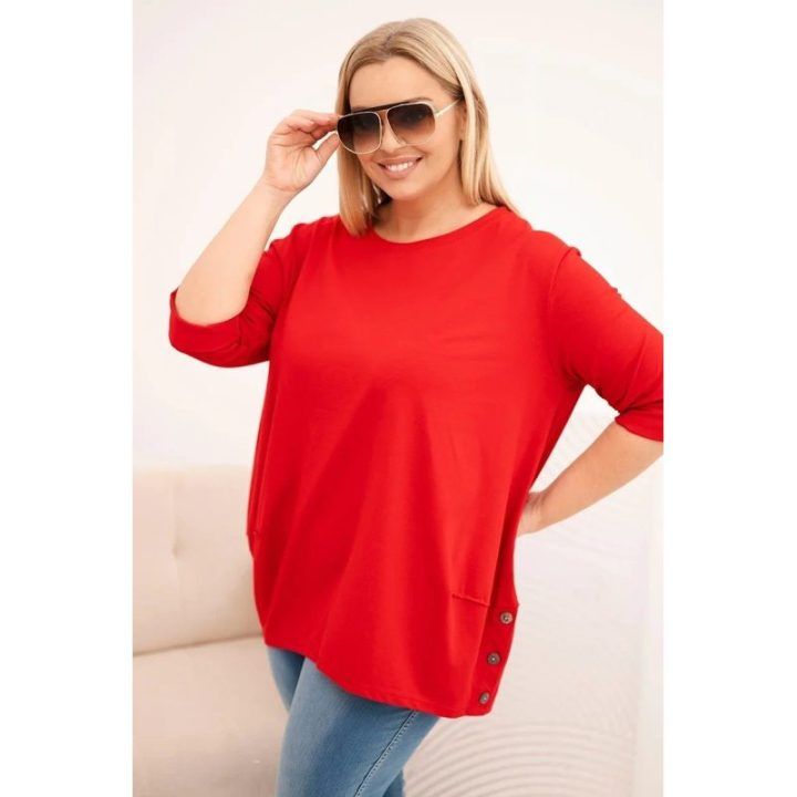 Moteriška Plus Size medvilninė palaidinė su dekoratyvinėmis sagomis, raudonos spalvos