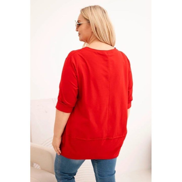 Moteriška Plus Size medvilninė palaidinė su dekoratyvinėmis sagomis, raudonos spalvos
