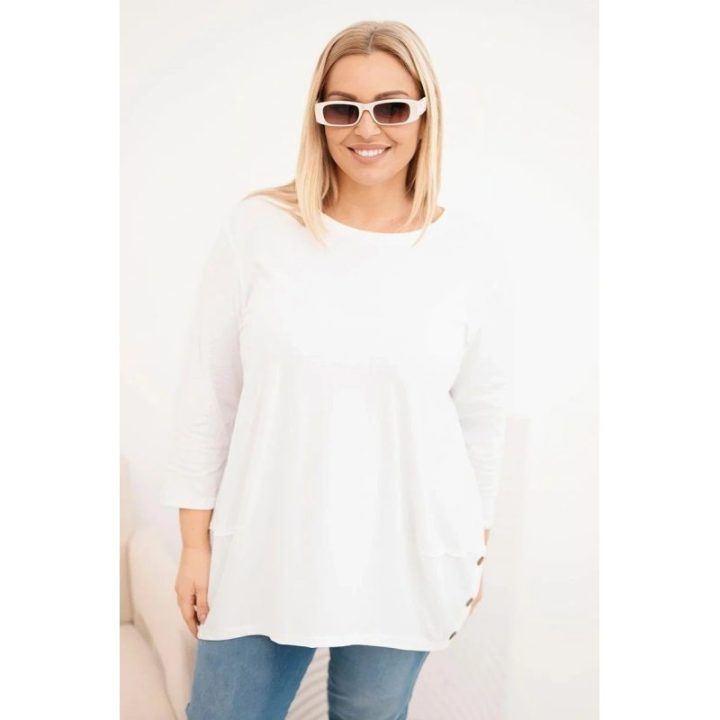 Moteriška Plus Size medvilninė palaidinė su dekoratyvinėmis sagomis, ekru spalvos