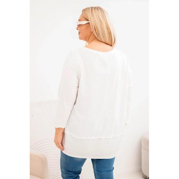 Moteriška Plus Size medvilninė palaidinė su dekoratyvinėmis sagomis, ekru spalvos