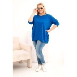 Moteriška Plus Size medvilninė palaidinė su dekoratyvinėmis sagomis, kobalto mėlynos spalvos