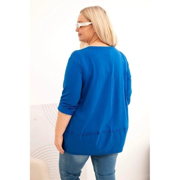Moteriška Plus Size medvilninė palaidinė su dekoratyvinėmis sagomis, kobalto mėlynos spalvos