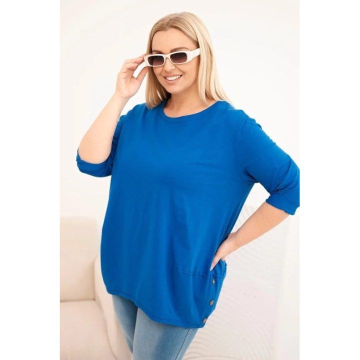 Moteriška Plus Size medvilninė palaidinė su dekoratyvinėmis sagomis, kobalto mėlynos spalvos