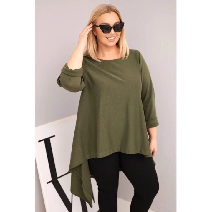 Moteriška Plus Size chaki tunika su asimetriniu kirpimu