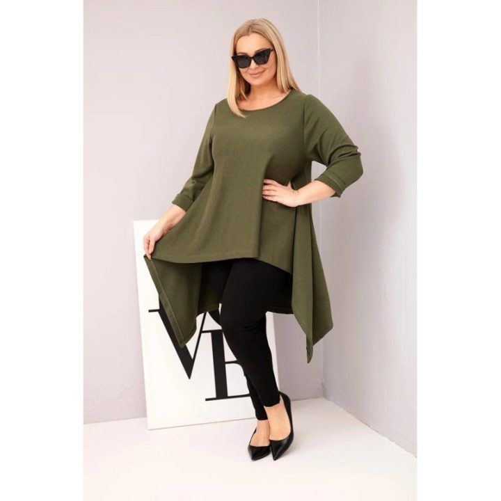 Moteriška Plus Size chaki tunika su asimetriniu kirpimu