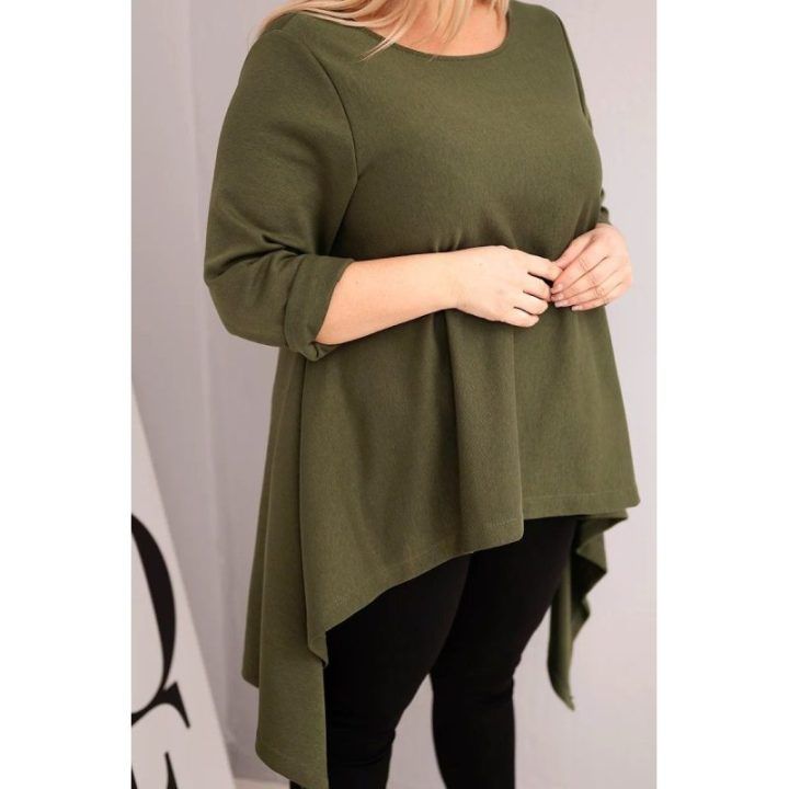 Moteriška Plus Size chaki tunika su asimetriniu kirpimu