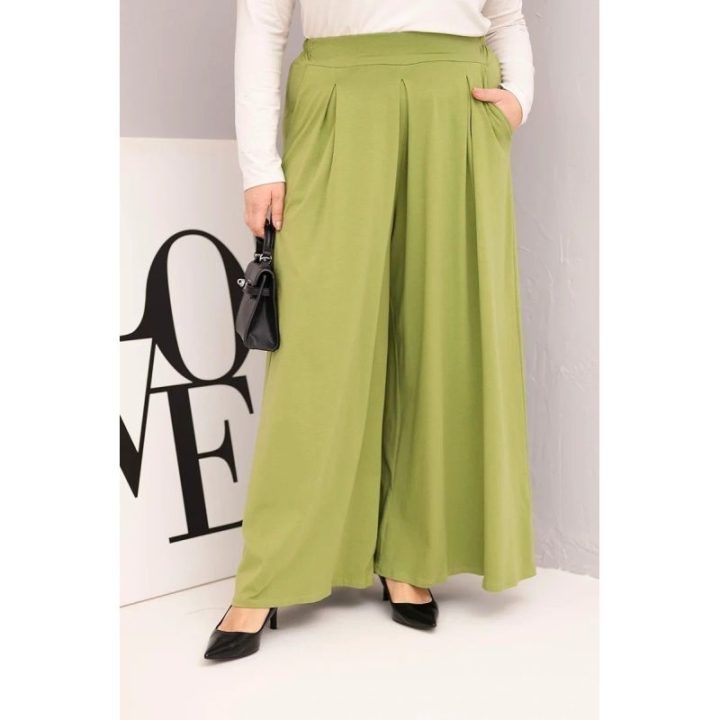 Moteriškos Plus Size kelnės plačiomis klešnėmis, pistacijų spalvos