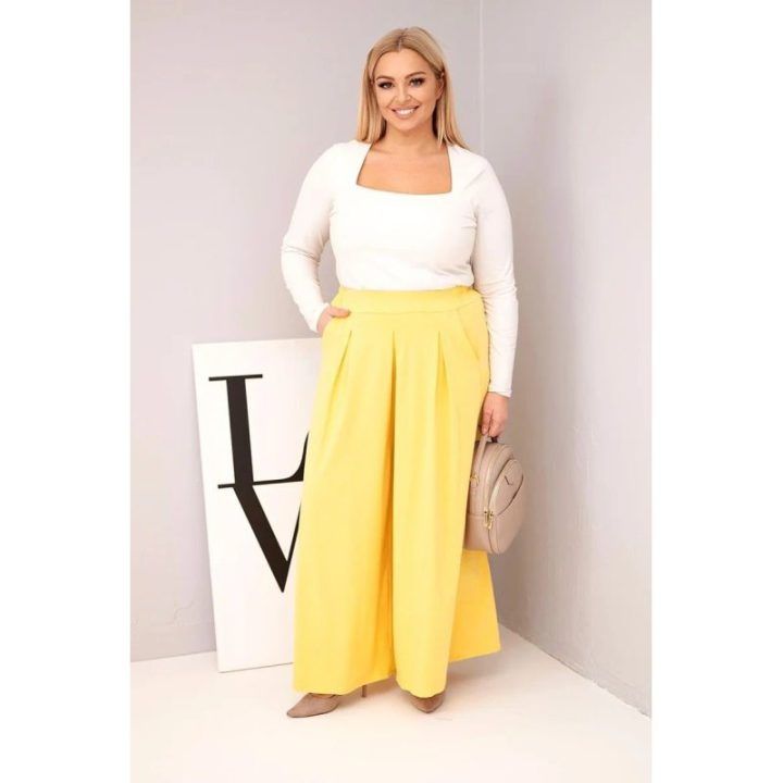 Moteriškos Plus Size kelnės su plačiomis klešnėmis, geltonos spalvos