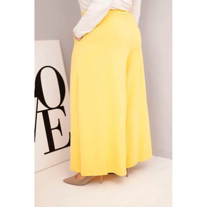 Moteriškos Plus Size kelnės su plačiomis klešnėmis, geltonos spalvos