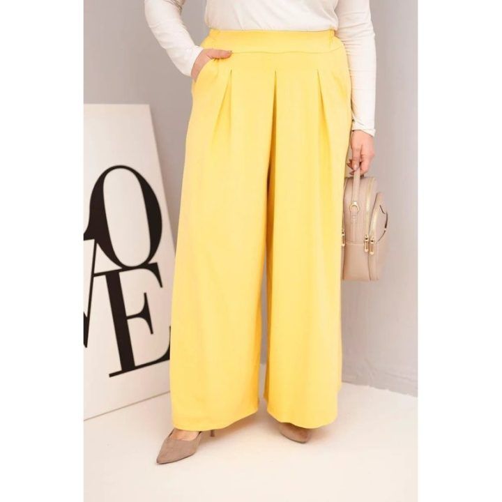Moteriškos Plus Size kelnės su plačiomis klešnėmis, geltonos spalvos