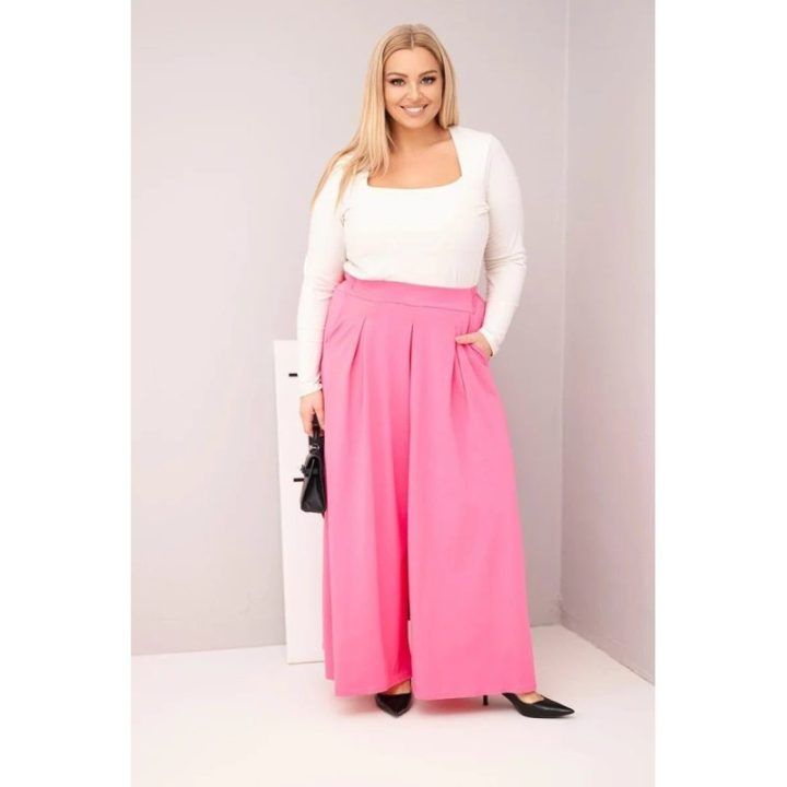 Moteriškos Plus Size kelnės plačiomis klešnėmis, šviesiai rožinės spalvos