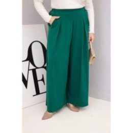 Moteriškos Plus Size kelnės plačiomis klešnėmis, tamsiai žalios spalvos