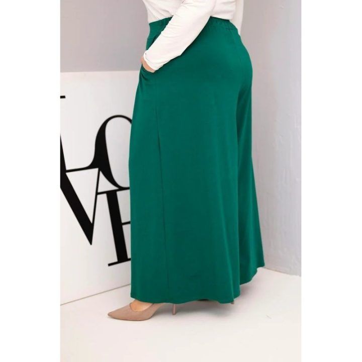 Moteriškos Plus Size kelnės plačiomis klešnėmis, tamsiai žalios spalvos