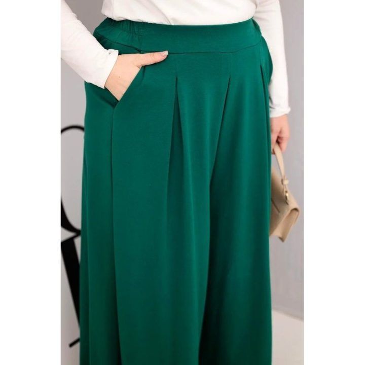 Moteriškos Plus Size kelnės plačiomis klešnėmis, tamsiai žalios spalvos