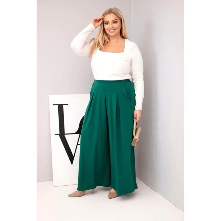 Moteriškos Plus Size kelnės plačiomis klešnėmis, tamsiai žalios spalvos