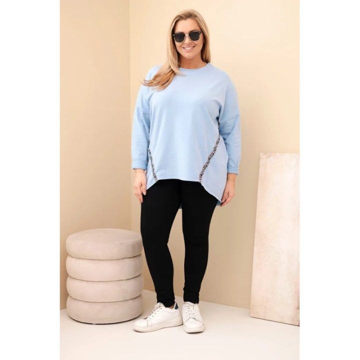 Moteriška Plus Size medvilninė palaidinė su leopardinėmis juostomis, mėlynos spalvos