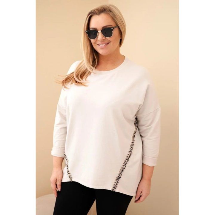 Moteriška Plus Size medvilninė palaidinė su leopardo rašto detalėmis, smėlio spalvos