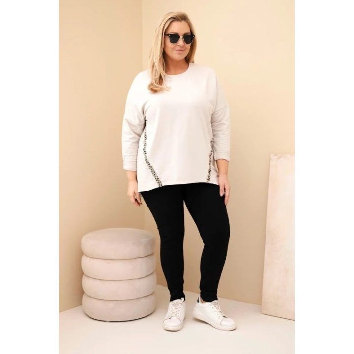Moteriška Plus Size medvilninė palaidinė su leopardo rašto detalėmis, smėlio spalvos