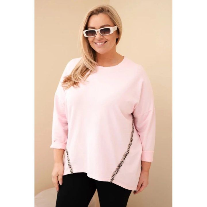 Moteriška Plus Size medvilninė palaidinė su rožinėmis leopardo juostomis