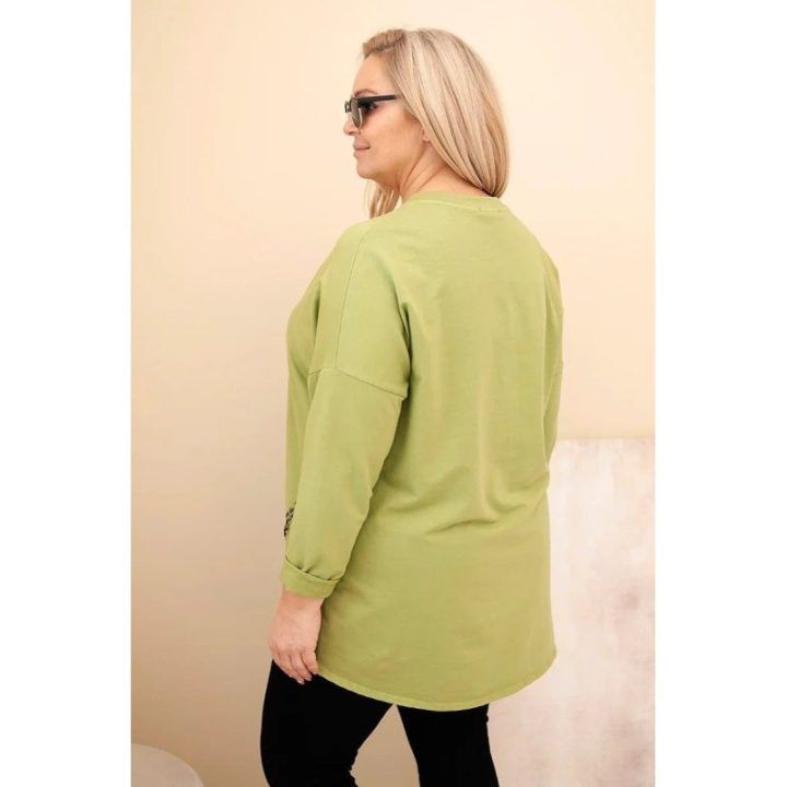 Moteriška Plus Size medvilninė palaidinė su leopardo rašto detalėmis, alyvuogių spalvos