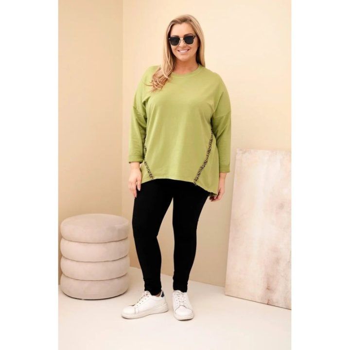 Moteriška Plus Size medvilninė palaidinė su leopardo rašto detalėmis, alyvuogių spalvos