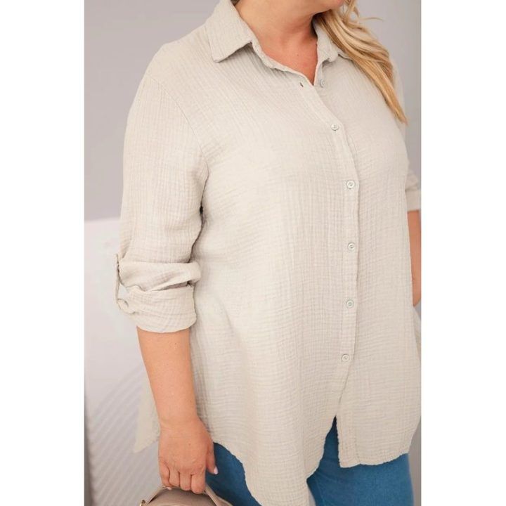 Moteriški Plus Size marškiniai iš muslino, tamsiai smėlio spalvos