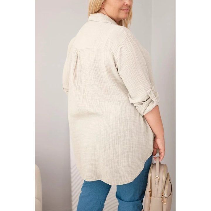 Moteriški Plus Size marškiniai iš muslino, tamsiai smėlio spalvos