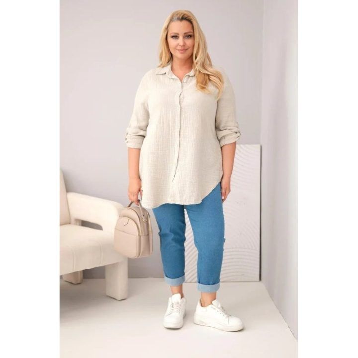 Moteriški Plus Size marškiniai iš muslino, tamsiai smėlio spalvos