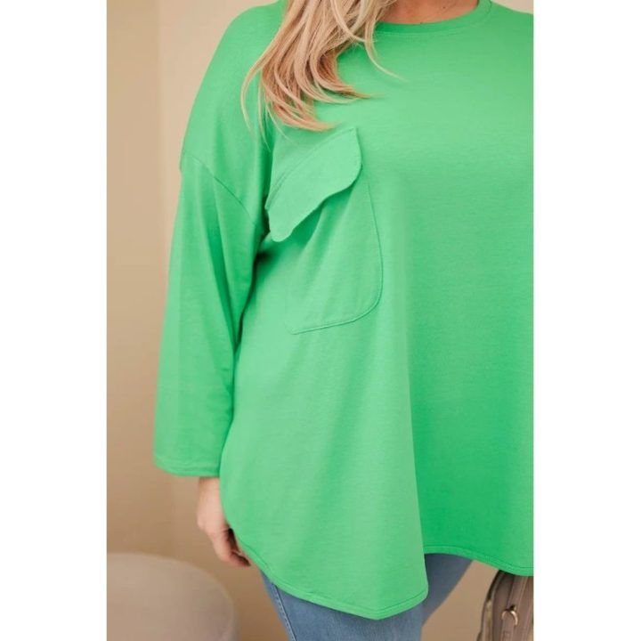 Moteriška Plus Size palaidinė su kišene ir rankovėmis, šviesiai žalios spalvos